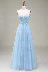 Light Blue A-Line Tulle Long Prom Dress With Appliques Floor Length Beautiful