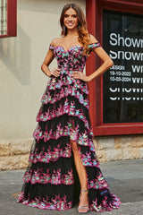 A-Line Off The Shoulder Sparkly Sequin Tiered Prom Dress Floor Length With Slit Sexy