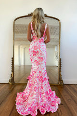 Pink V Neck Sequin Lace Mermaid Prom Dress V-neck Sexy