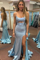 Charming Mermaid Scoop Neck Light Blue Sparkly Satin Prom Dresses