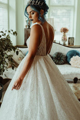 Sparkly Long V-Neck A-line White Wedding Dress with Slit