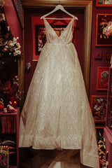 Sparkly Long V-Neck A-line White Wedding Dress with Slit