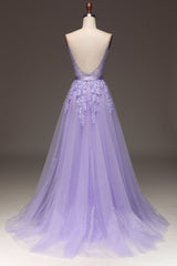 Princess Purple Long Appliqued Prom Dress With Sash Open Back