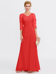 A-Line Mother of the Bride Dress Plus Size Elegant  V Neck Floor Length Chiffon Half Sleeve with Appliques Side Draping