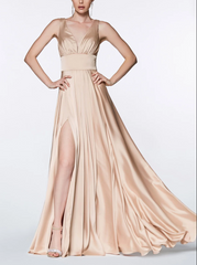 Aimishang Elegant Formal Women's Dresses Evening Wear Long Satin V-Neck Dress with Slit