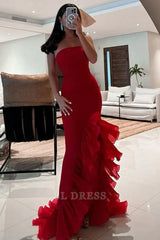 Mermaid Sleeveless Red Strapless Ruffles Long formal dresses Bridesmaid Dresses evening gown Prom Dress