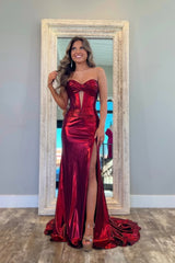Mermaid Strapless Keyhole Burgund Satin Long Prom Dresses