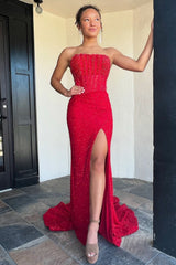 Scoop Neck Red Sequins Mermaid Prom Dresses