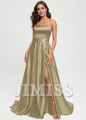 A-shaped square sweeping trailing satin Prom dress