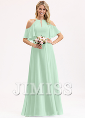 A-line off-the-shoulder scoop neck floor-length chiffon bridesmaid dress