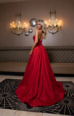 A-line V-neck off shoulder side slit and floor length evening gown
