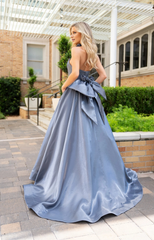 A-line off shoulder sleeveless satin and floor length evening gown (dress only)