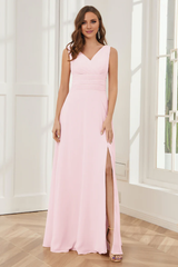 V-neck sleeveless chiffon side slit and floor length bridesmaid dress