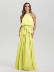 Hanging neck low round neck sleeveless chiffon and floor length Bridesmaid dresses