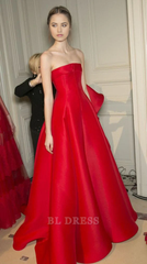 A-line Strapless Satin Red Long Ruffles formal dresses Bridesmaid Dresses evening gown Prom Dress