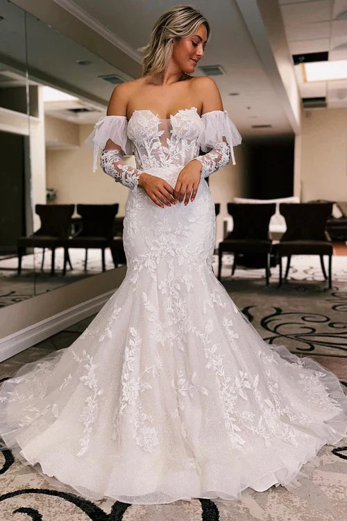 Aimishang Elegant White Floral Lace Sweetheart Mermaid Wedding Dress with Detachable Sleeves