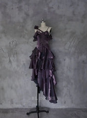 A-line Spaghetti Straps Irregular Ruffled Grape formal dresses Bridesmaid Dresses evening gown Prom Dress