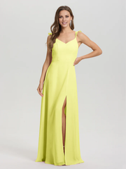 V-neck shoulder strap tied chiffon slit and floor length bridesmaid dress