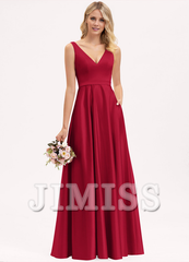 A-line V-neck floor-length satin bridesmaid dress