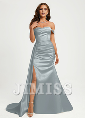 Trumpet/Mermaid Off-the-shoulder Floor-Sweeping Train Satin Prom Dress