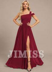 A-line off-the-shoulder one-shoulder floor-length chiffon pleated evening gown