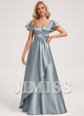 Ruffled A-line V-neck Floor-length Satin Bridesmaids Dress