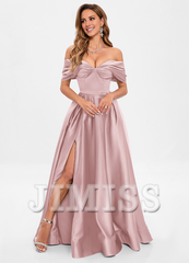 A-line pleated off-the-shoulder floor-length satin prom dress