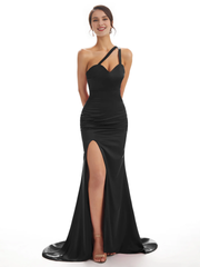 Sexy shoulder soft satin side slit fish tail long bridesmaid dress