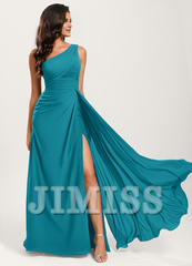 Ruffled A-line One Shoulder Floor Length Chiffon Bridesmaid Dress