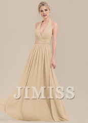 Ruffled A-Line Halter Neck Floor Length Chiffon Bridesmaids Dress
