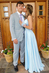 Simple blue satin long prom dress, blue long evening dress