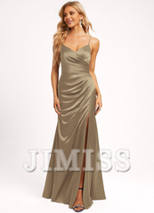 A-line V-neck floor-length satin bridesmaid dress