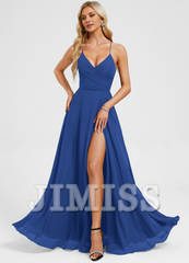 A-line V-neck pleated floor-length chiffon prom dress