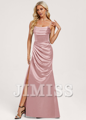 Trumpet/Mermaid Hood Ruffle Floor Length Satin Bridesmaids Dress