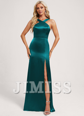 Trumpet/Mermaid Halter Neck Floor Length Satin Bridesmaid Dress