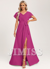 Ruffled A-line V-neck Floor-length Chiffon Bridesmaids Dress