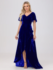 V-neck short sleeved ruffled velvet and floor length bridesmaid dress