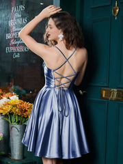 Thin shoulder strap tied with  satin mini Homecoming dress