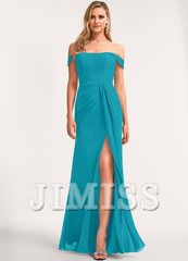 A-line off-the-shoulder floor-length chiffon bridesmaid dress