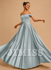A-line off-the-shoulder floor-length satin prom dress