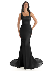 Soft satin unique square neck extra long fish tail bridesmaid dress