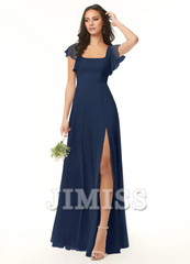 A-line pleated chiffon backless side slit and floor length bridesmaid dress - Jimiss Dress