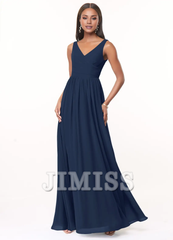 A-line V-neck pleated chiffon and floor length bridesmaid dress - Jimiss Dress