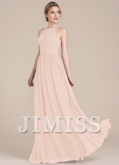 Lotus leaf A-line low round neck chiffon bridesmaid dress