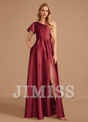 A-line one-shoulder floor-length satin bridesmaid dress