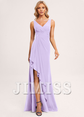 Ruffled A-line V-neck Floor-length Chiffon Bridesmaids Dress