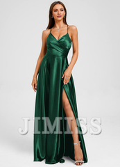 A-line V-neck floor-length pleated satin prom dress