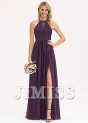 A-line Scoop Neck Floor Length Lace Chiffon Bridesmaids Dress