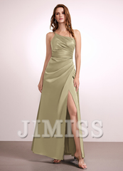 A-line one-shoulder floor-length satin bridesmaid dress