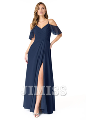 A-line V-neck pleated chiffon side slit and floor length bridesmaid dress - Jimiss Dress